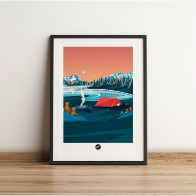 Wandposter eines Murmeltierlagers bei Nacht neben einem Zelt in Blau- und Orangetönen zur Dekoration Wandposter eines Murmeltierlagers bei Nacht neben einem Zelt in Blau- und Orangetönen zur Dekoration