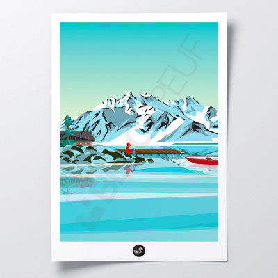 Back to basics wall poster, person in the middle of a lake and sky-blue mountains for decoration Back to basics wall poster, person in the middle of a lake and sky-blue mountains for decoration