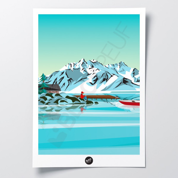 Back to basics wall poster, person in the middle of a lake and sky-blue mountains for decoration