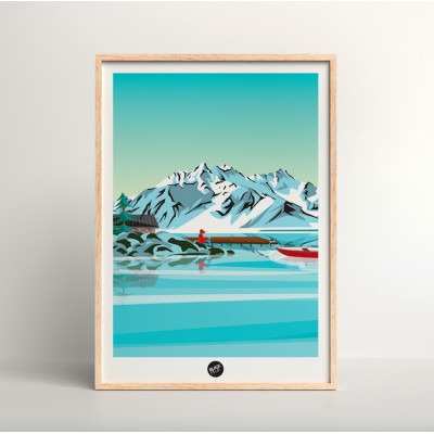 Back to basics wall poster, person in the middle of a lake and sky-blue mountains for decoration Back to basics wall poster, person in the middle of a lake and sky-blue mountains for decoration