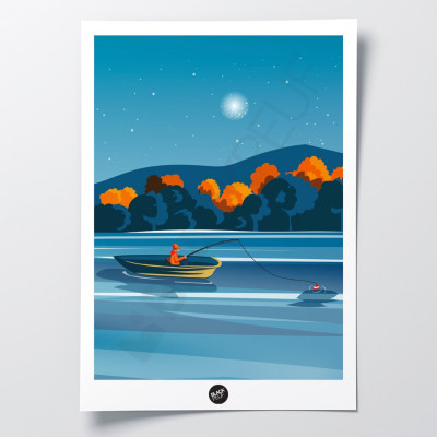 Wall poster depicting the last fisherman on the lake at night in a blue-orange boat, for decorative purposes. Wall poster depicting the last fisherman on the lake at night in a blue-orange boat, for decorative purposes.