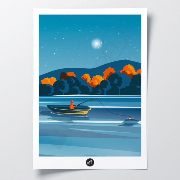 Wall poster depicting the last fisherman on the lake at night in a blue-orange boat, for decorative purposes.