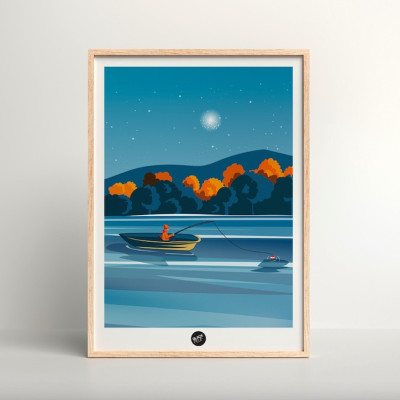 Wall poster depicting the last fisherman on the lake at night in a blue-orange boat, for decorative purposes. Wall poster depicting the last fisherman on the lake at night in a blue-orange boat, for decorative purposes.