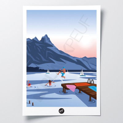 Wall poster of a jump from a pontoon into a lake in blue, brown and purple for decoration Wall poster of a jump from a pontoon into a lake in blue, brown and purple for decoration