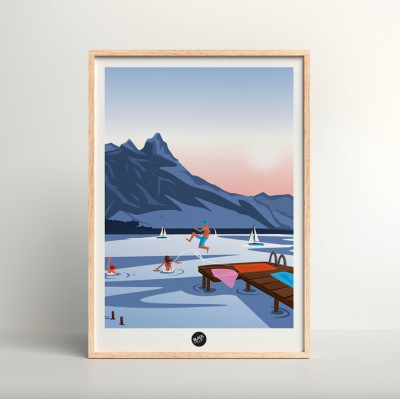 Wall poster of a jump from a pontoon into a lake in blue, brown and purple for decoration Wall poster of a jump from a pontoon into a lake in blue, brown and purple for decoration