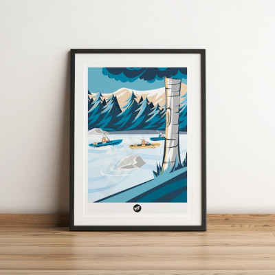 Poster da parete di una gita in canoa lungo un fiume nei toni del blu, per decorazione Poster da parete di una gita in canoa lungo un fiume nei toni del blu, per decorazione