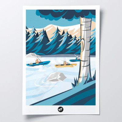 Poster da parete di una gita in canoa lungo un fiume nei toni del blu, per decorazione Poster da parete di una gita in canoa lungo un fiume nei toni del blu, per decorazione