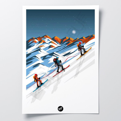 Affiche murale soirée rando en ski de fond dans la montagne pour la décoration. Affiche murale soirée rando en ski de fond dans la montagne pour la décoration.
