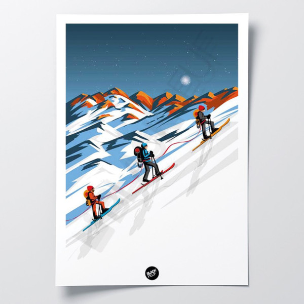 Affiche murale soirée rando en ski de fond dans la montagne pour la décoration.