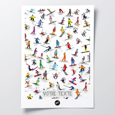 Wandposter mit allen Skifahrern auf den Skipisten des Skigebiets zu Dekorationszwecken. Wandposter mit allen Skifahrern auf den Skipisten des Skigebiets zu Dekorationszwecken.
