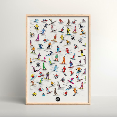 Wandposter mit allen Skifahrern auf den Skipisten des Skigebiets zu Dekorationszwecken. Wandposter mit allen Skifahrern auf den Skipisten des Skigebiets zu Dekorationszwecken.