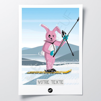 Decorative wall poster with a kigurumi rabbit in a pink ski suit. Decorative wall poster with a kigurumi rabbit in a pink ski suit.