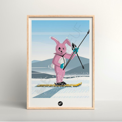 Decorative wall poster with a kigurumi rabbit in a pink ski suit. Decorative wall poster with a kigurumi rabbit in a pink ski suit.
