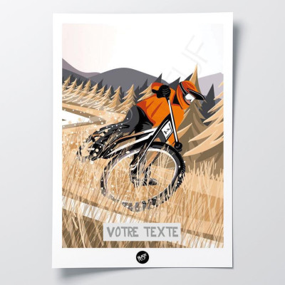 Wall poster of a mountain bike outing in wheat fields in brown and orange tones for decoration Wall poster of a mountain bike outing in wheat fields in brown and orange tones for decoration