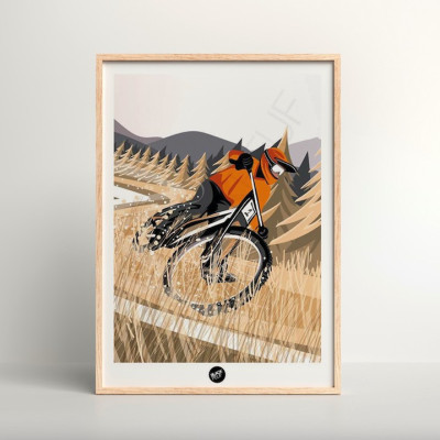 Wall poster of a mountain bike outing in wheat fields in brown and orange tones for decoration Wall poster of a mountain bike outing in wheat fields in brown and orange tones for decoration