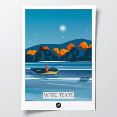 Wall poster depicting the last fisherman on the lake at night in a blue-orange boat, for decorative purposes. Wall poster depicting the last fisherman on the lake at night in a blue-orange boat, for decorative purposes.