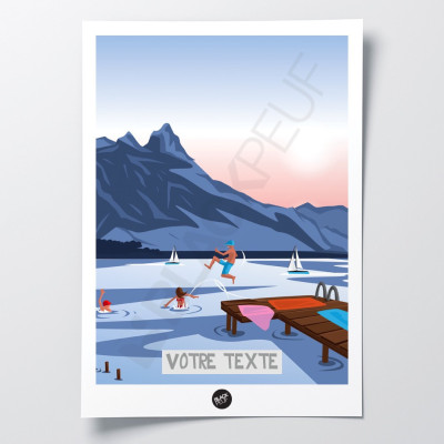 Wall poster of a jump from a pontoon into a lake in blue, brown and purple for decoration Wall poster of a jump from a pontoon into a lake in blue, brown and purple for decoration