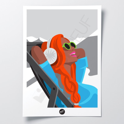 Affiche murale rétro transat la rousse après ski en terrasse noir et blanc et bleu et orange pour la décoration. Affiche murale rétro transat la rousse après ski en terrasse noir et blanc et bleu et orange pour la décoration.