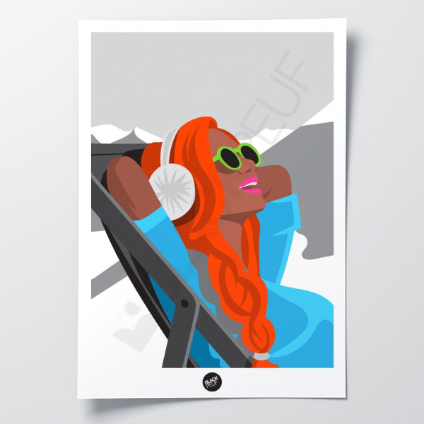 Affiche murale rétro transat la rousse après ski en terrasse noir et blanc et bleu et orange pour la décoration.