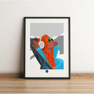 Affiche murale rétro transat la rousse après ski en terrasse noir et blanc et bleu et orange pour la décoration. Affiche murale rétro transat la rousse après ski en terrasse noir et blanc et bleu et orange pour la décoration.
