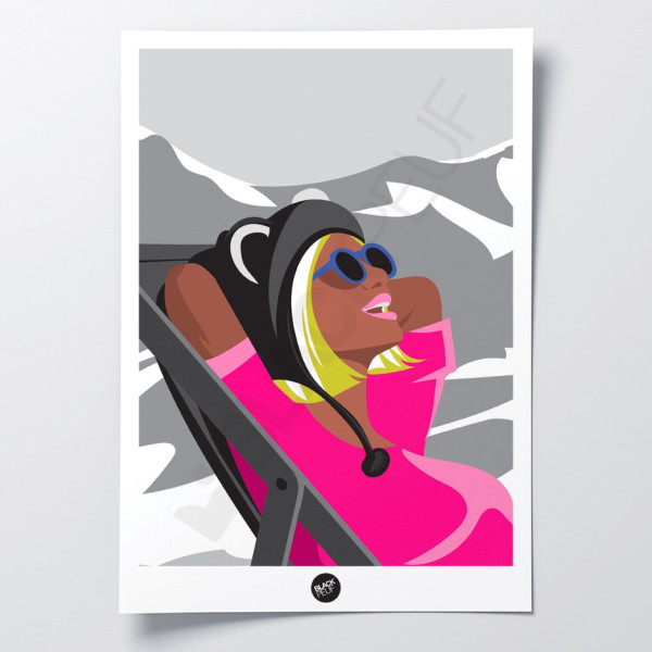 Affiche murale rétro transat la blonde après ski en rose et noir et blanc pour la décoration.