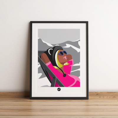 Affiche murale rétro transat la blonde après ski en rose et noir et blanc pour la décoration. Affiche murale rétro transat la blonde après ski en rose et noir et blanc pour la décoration.
