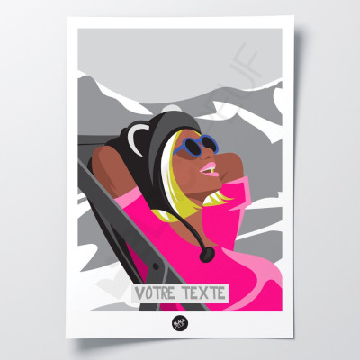Affiche murale rétro transat la blonde après ski en rose et noir et blanc pour la décoration. Affiche murale rétro transat la blonde après ski en rose et noir et blanc pour la décoration.