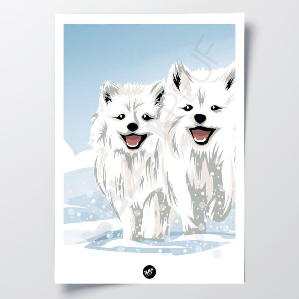 Poster murale di piccoli lupi bianchi che corrono nella neve per decorazione