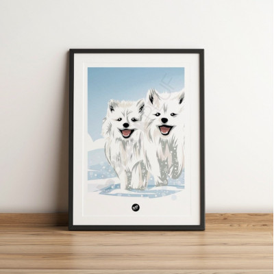 Affiche murale les petits loups blancs qui courent dans la neige pour la décoration Affiche murale les petits loups blancs qui courent dans la neige pour la décoration