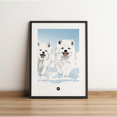 Poster murale di piccoli lupi che corrono nella neve artica per decorazione Poster murale di piccoli lupi che corrono nella neve artica per decorazione