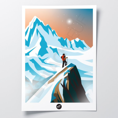 Affiche murale d’un alpiniste en haute montagne près des glaciers aux couleurs blanc et bleu pour décoration Affiche murale d’un alpiniste en haute montagne près des glaciers aux couleurs blanc et bleu pour décoration