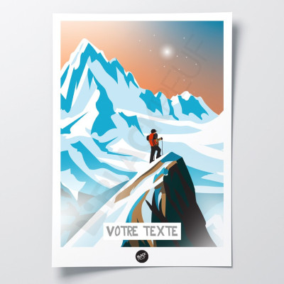 Wall poster of a mountaineer in the high mountains near the glaciers in white and blue for decoration Wall poster of a mountaineer in the high mountains near the glaciers in white and blue for decoration