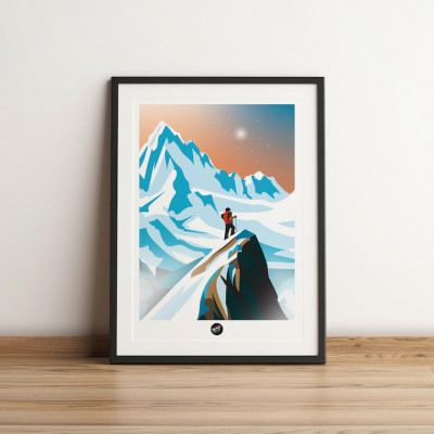 Affiche murale d’un alpiniste en haute montagne près des glaciers aux couleurs blanc et bleu pour décoration Affiche murale d’un alpiniste en haute montagne près des glaciers aux couleurs blanc et bleu pour décoration
