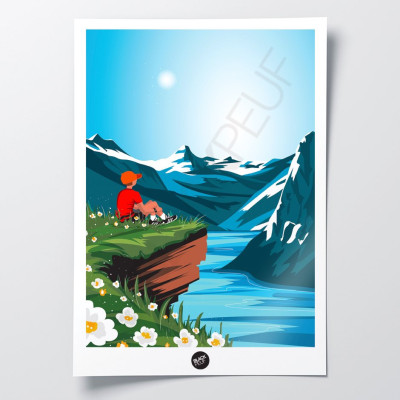 Wall poster of a trail break to contemplate nature between lake and mountains, in blue and green colours for decoration Wall poster of a trail break to contemplate nature between lake and mountains, in blue and green colours for decoration