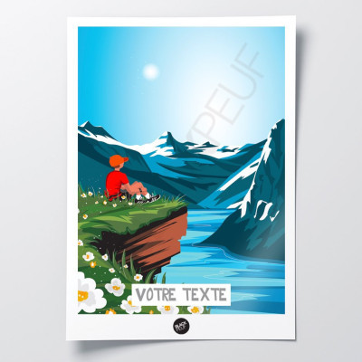 Wall poster of a trail break to contemplate nature between lake and mountains, in blue and green colours for decoration Wall poster of a trail break to contemplate nature between lake and mountains, in blue and green colours for decoration