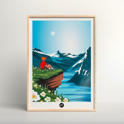 Wall poster of a trail break to contemplate nature between lake and mountains, in blue and green colours for decoration Wall poster of a trail break to contemplate nature between lake and mountains, in blue and green colours for decoration
