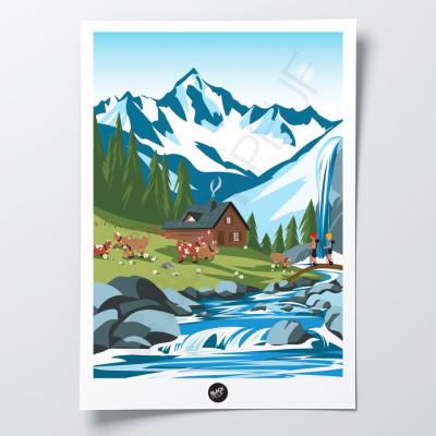 Wall poster of a mountain chalet between river and mountain in blue and green for decoration Wall poster of a mountain chalet between river and mountain in blue and green for decoration