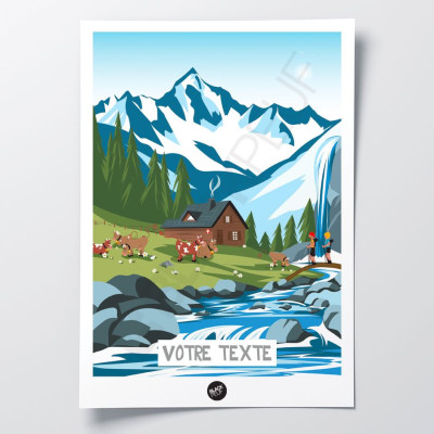 Affiche murale d’un chalet en alpage entre rivière et montagne aux couleurs bleu et vert pour décoration Affiche murale d’un chalet en alpage entre rivière et montagne aux couleurs bleu et vert pour décoration