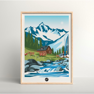 Wall poster of a mountain chalet between river and mountain in blue and green for decoration Wall poster of a mountain chalet between river and mountain in blue and green for decoration