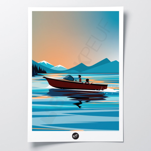 Affiche murale d’une sortie en bateau sur un lac proche des montagnes aux tons bleus pour décoration.