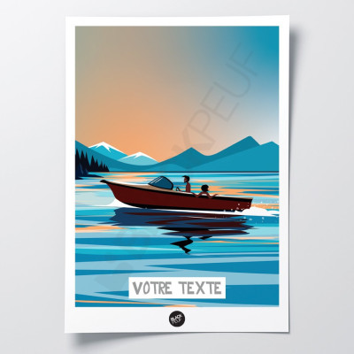 Affiche murale d’une sortie en bateau sur un lac proche des montagnes aux tons bleus pour décoration. Affiche murale d’une sortie en bateau sur un lac proche des montagnes aux tons bleus pour décoration.