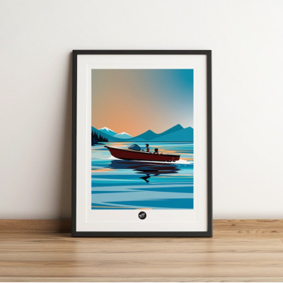 Affiche murale d’une sortie en bateau sur un lac proche des montagnes aux tons bleus pour décoration. Affiche murale d’une sortie en bateau sur un lac proche des montagnes aux tons bleus pour décoration.