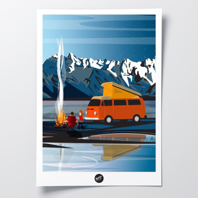 Wall poster of a campsite by the fireside between lake and mountains, in blue, orange and yellow for decoration Wall poster of a campsite by the fireside between lake and mountains, in blue, orange and yellow for decoration