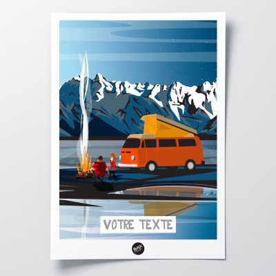Wall poster of a campsite by the fireside between lake and mountains, in blue, orange and yellow for decoration Wall poster of a campsite by the fireside between lake and mountains, in blue, orange and yellow for decoration