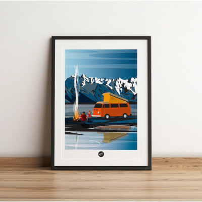 Wall poster of a campsite by the fireside between lake and mountains, in blue, orange and yellow for decoration Wall poster of a campsite by the fireside between lake and mountains, in blue, orange and yellow for decoration