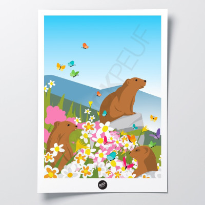 Wandposter einer Begegnung mit Murmeltieren in einem blühenden Feld in den Farben Blau, Grün und Rosa zur Dekoration Wandposter einer Begegnung mit Murmeltieren in einem blühenden Feld in den Farben Blau, Grün und Rosa zur Dekoration