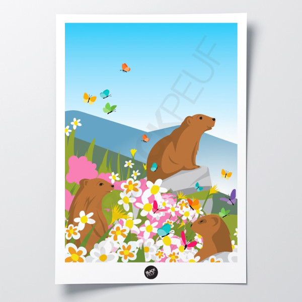 Wandposter einer Begegnung mit Murmeltieren in einem blühenden Feld in den Farben Blau, Grün und Rosa zur Dekoration