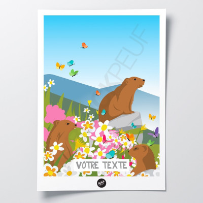 Affiche murale d’une rencontre avec des marmottes dans un champ fleuri aux couleurs bleu, vert et rose pour décoration Affiche murale d’une rencontre avec des marmottes dans un champ fleuri aux couleurs bleu, vert et rose pour décoration