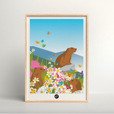 Wandposter einer Begegnung mit Murmeltieren in einem blühenden Feld in den Farben Blau, Grün und Rosa zur Dekoration Wandposter einer Begegnung mit Murmeltieren in einem blühenden Feld in den Farben Blau, Grün und Rosa zur Dekoration