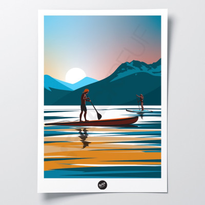 Wall poster of a paddle outing in the middle of a lake at sunset, in light, warm colours for decoration Wall poster of a paddle outing in the middle of a lake at sunset, in light, warm colours for decoration
